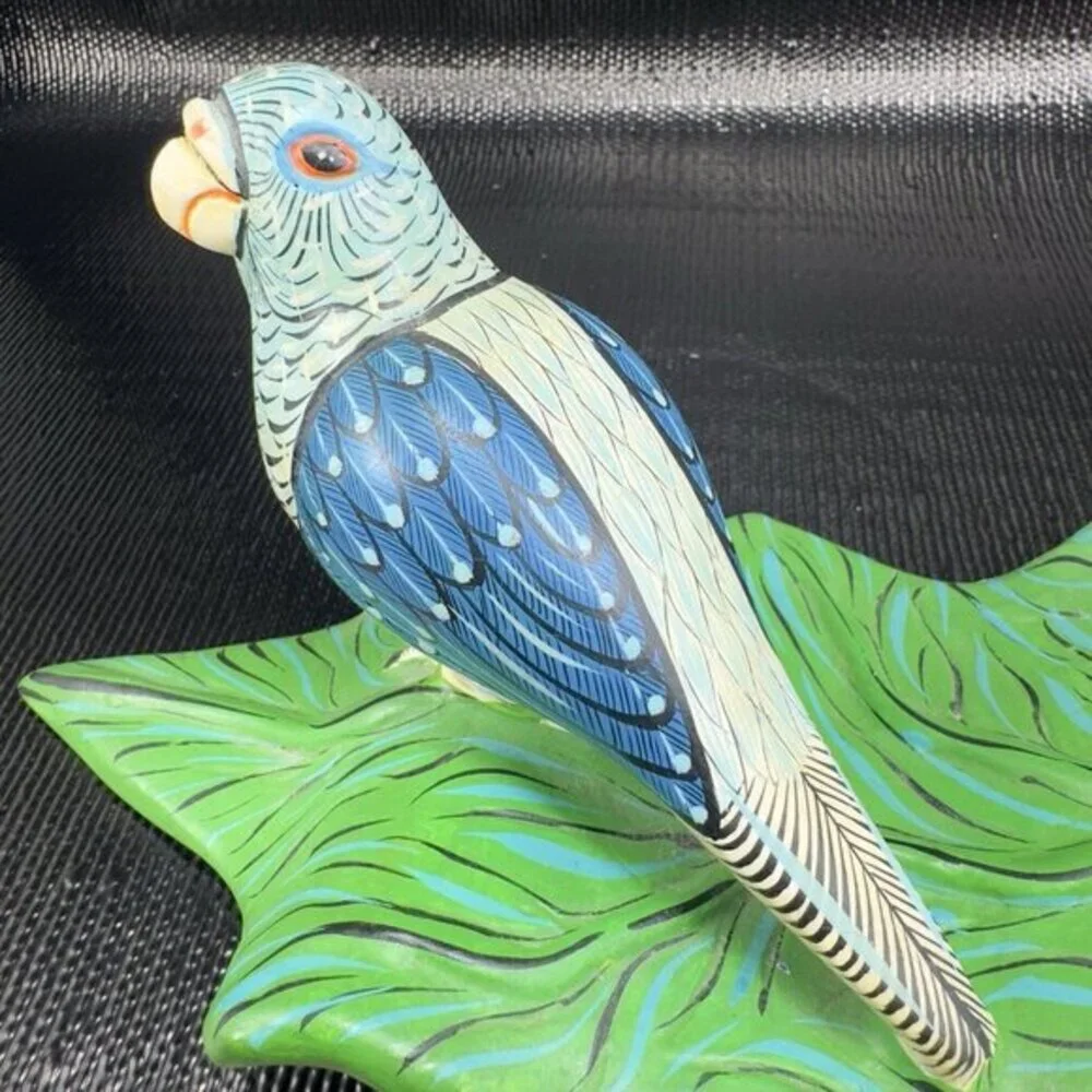 Hand Made Mexican Pottery Parrot Bird On Leaf Tree Sculpture Artist Signed‎ VTG